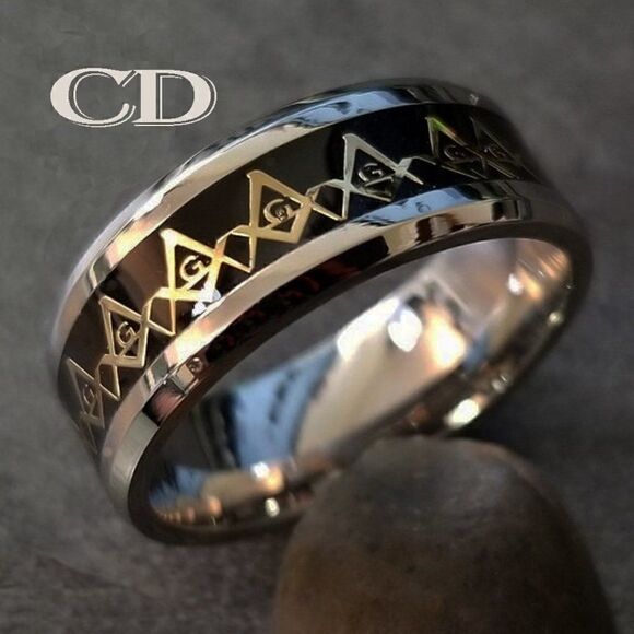 Masonic Compass Ring Engraved Personalized Black Gold Band - Freemason Ring - Picture 1 of 4